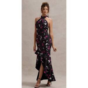 NWT Club L Black Pink Floral Satin Halter Ruffled Maxi Dress S 4 Romantic Event